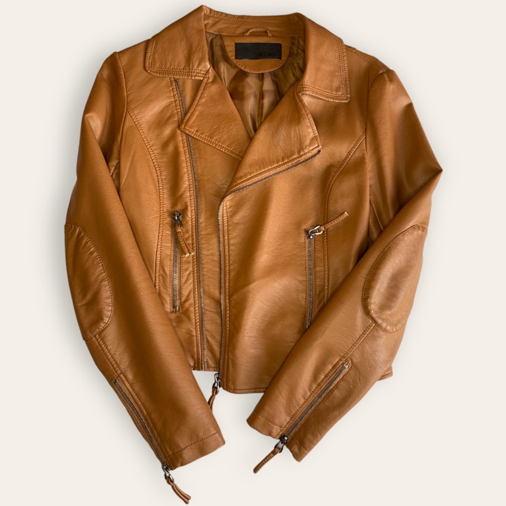 Solemio | ๐Cognac Vegan Leather Moto Jacket.